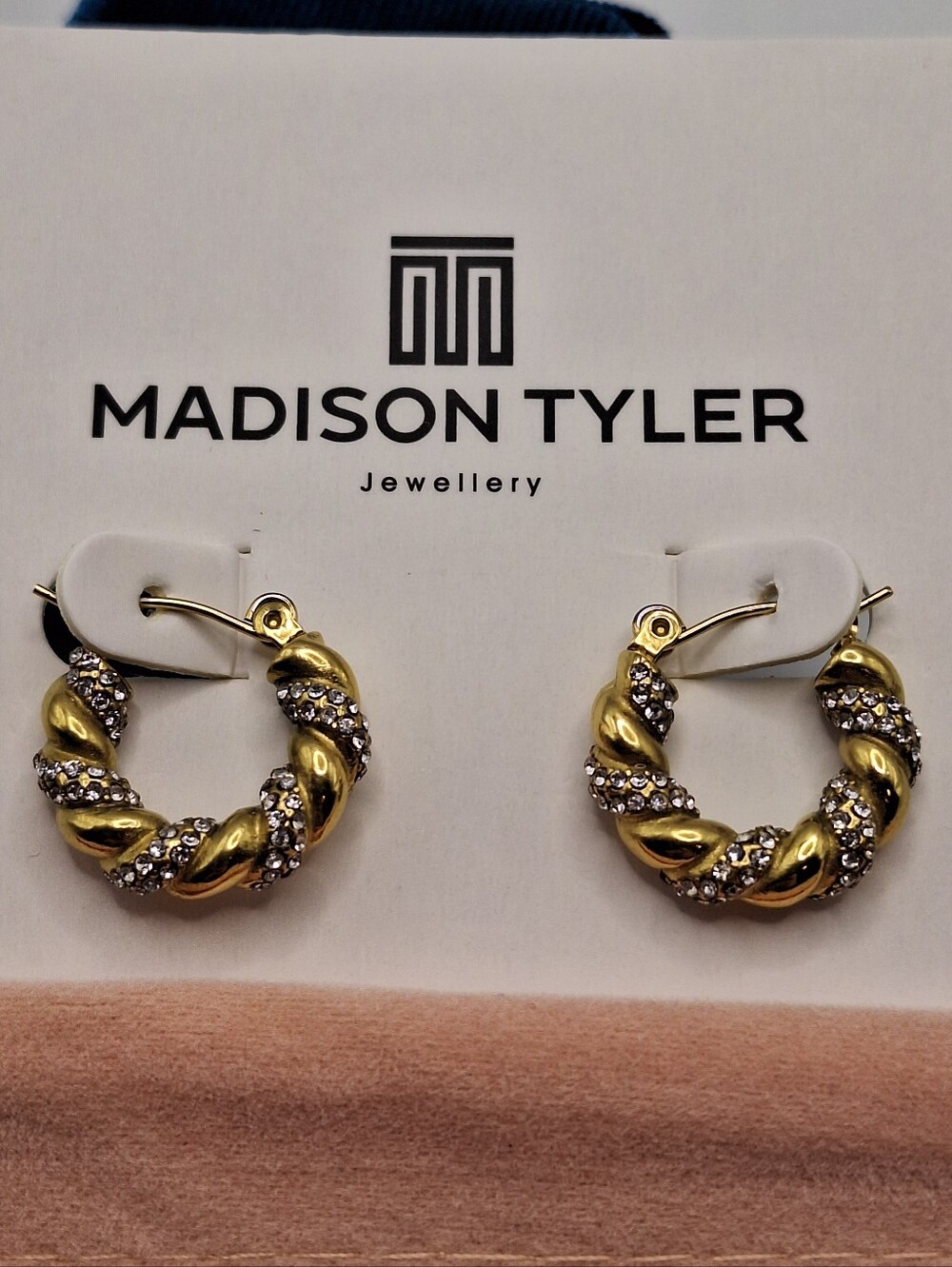 Madison Tyler Gold Tone Twisted Crystal Hoop Earrings NWT